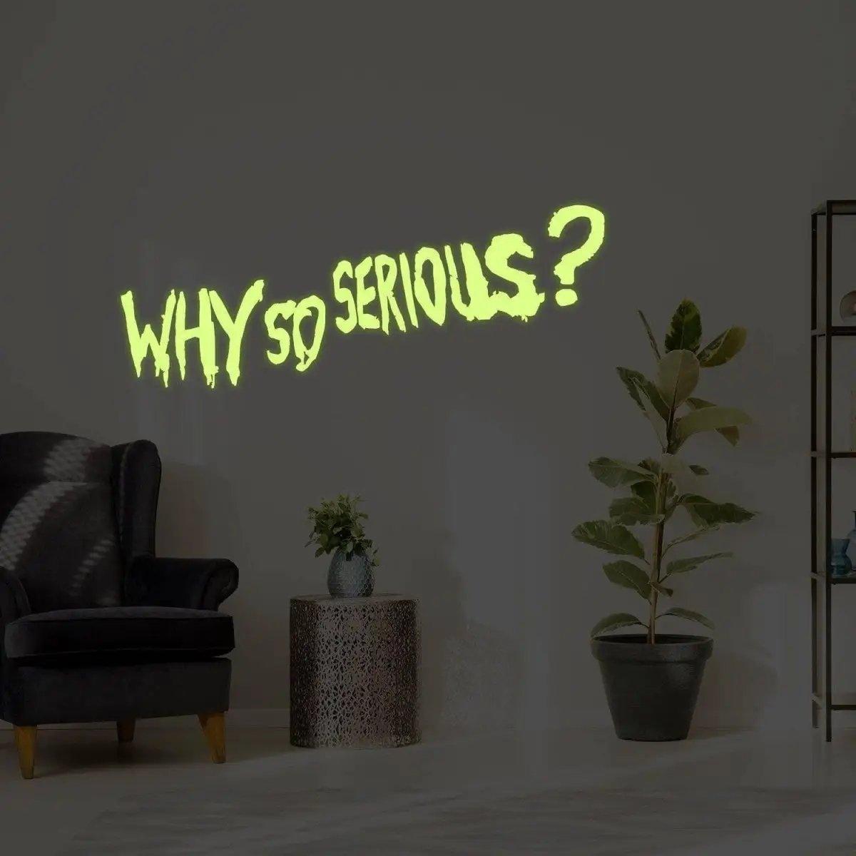 Glow in the dark 'Why So Serious?' Joker wall art decal, perfect for spooky home decor.