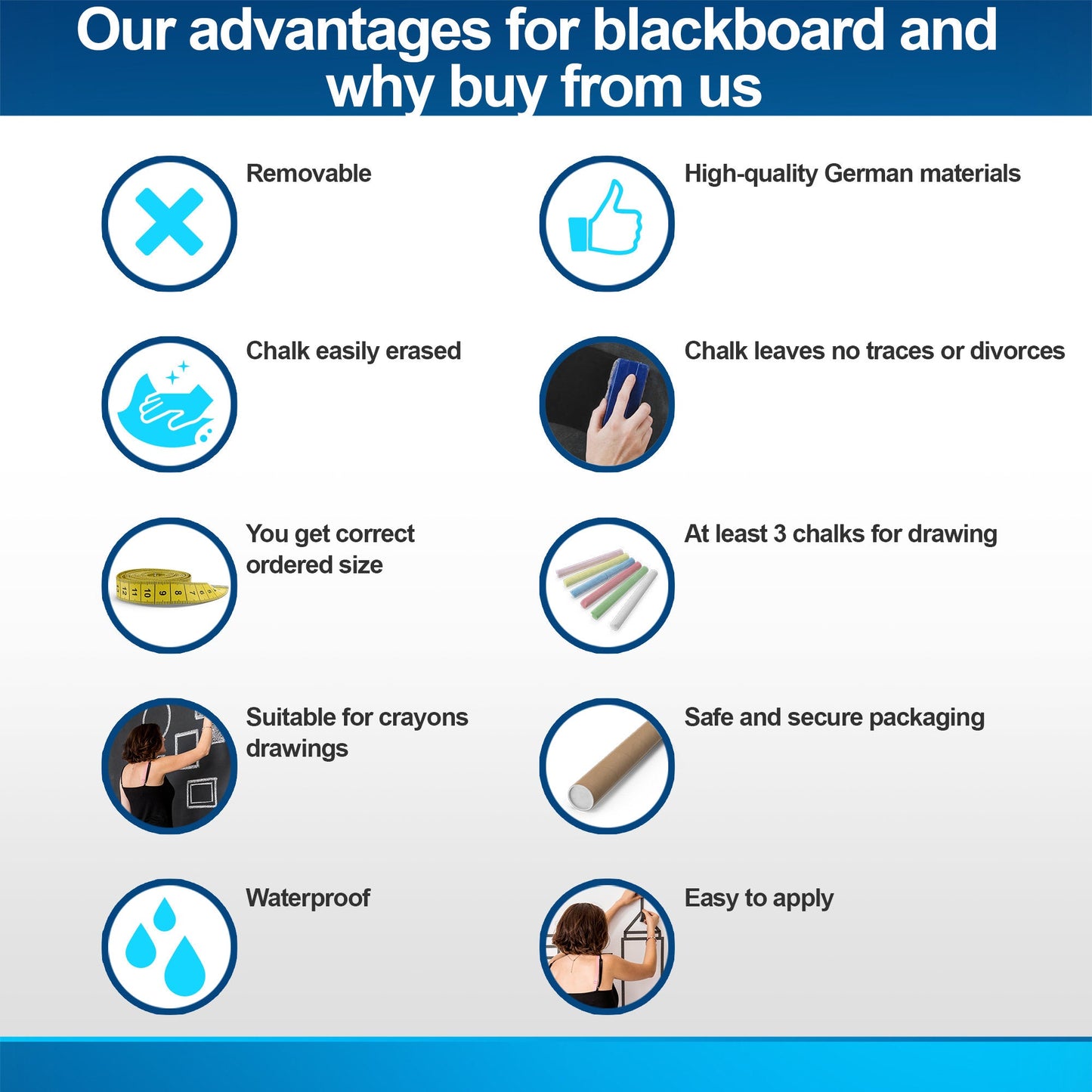 Advantages of our chalkboard decals: removable, high-quality materials, easy to apply, waterproof, includes chalk.