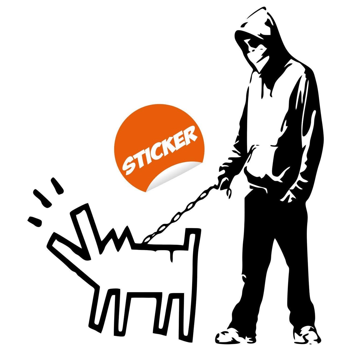 Banksy-style vinyl wall sticker featuring a person and a dog, perfect for urban decor in teen spaces.