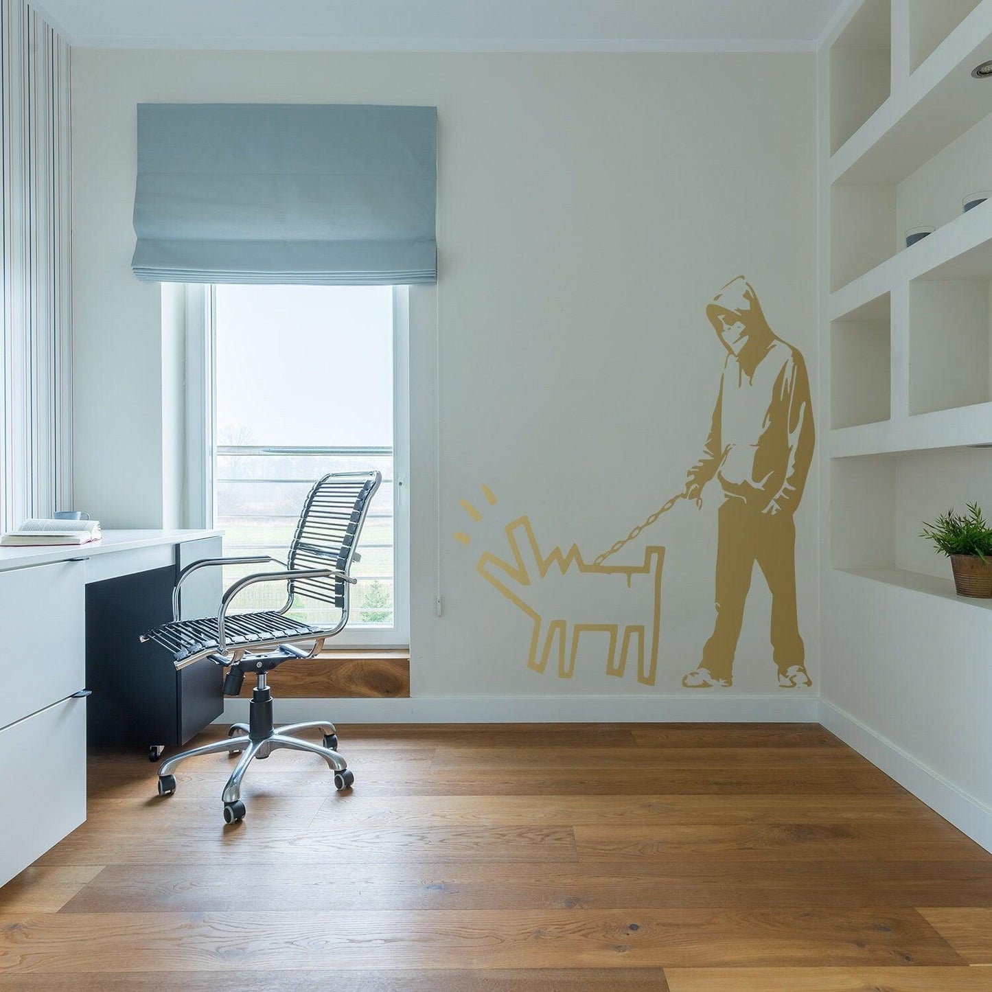 Banksy-inspired vinyl wall sticker of a person walking a dog, perfect for teen room decor.