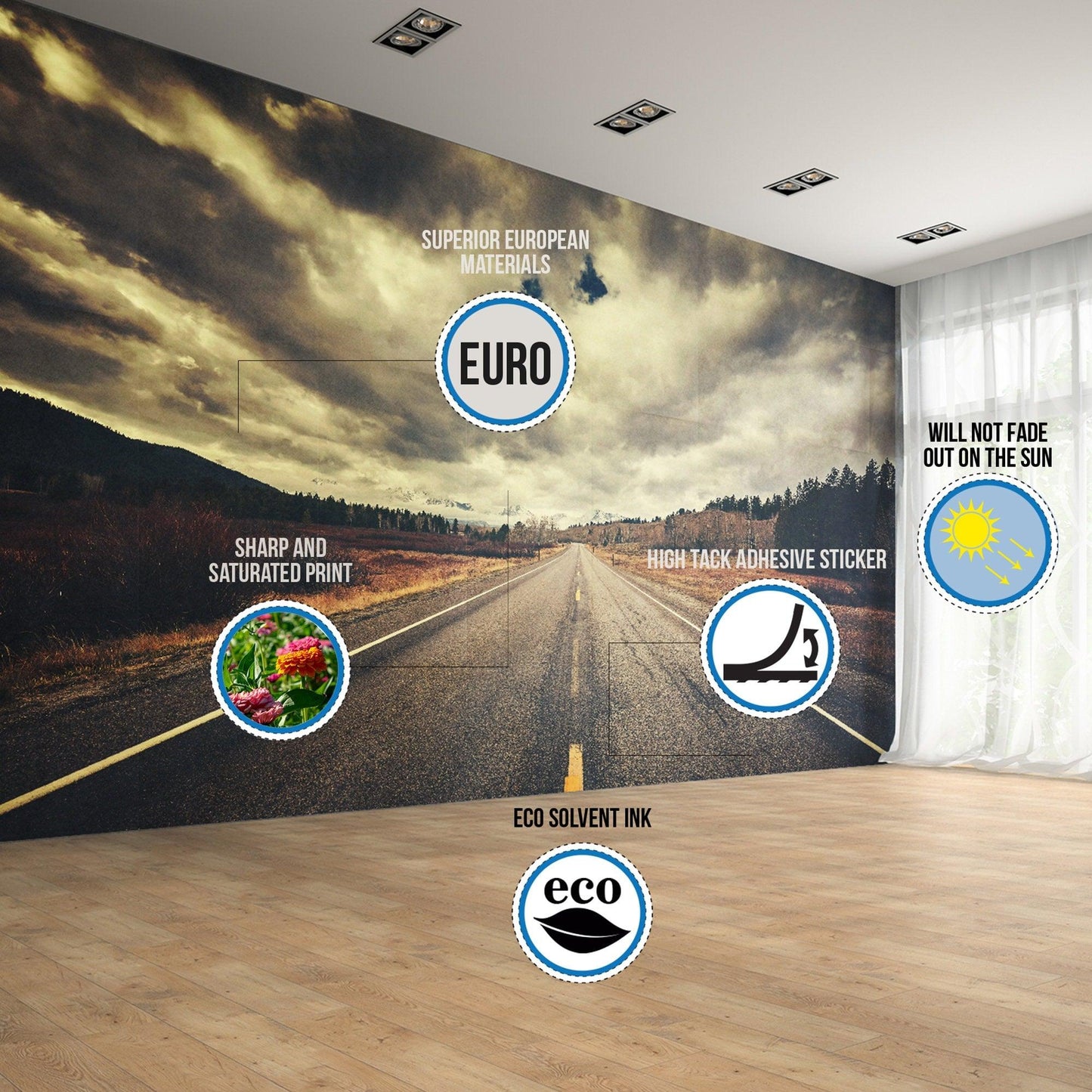 Modern wallpaper mural with road landscape, showcasing eco-friendly materials and vibrant print quality.