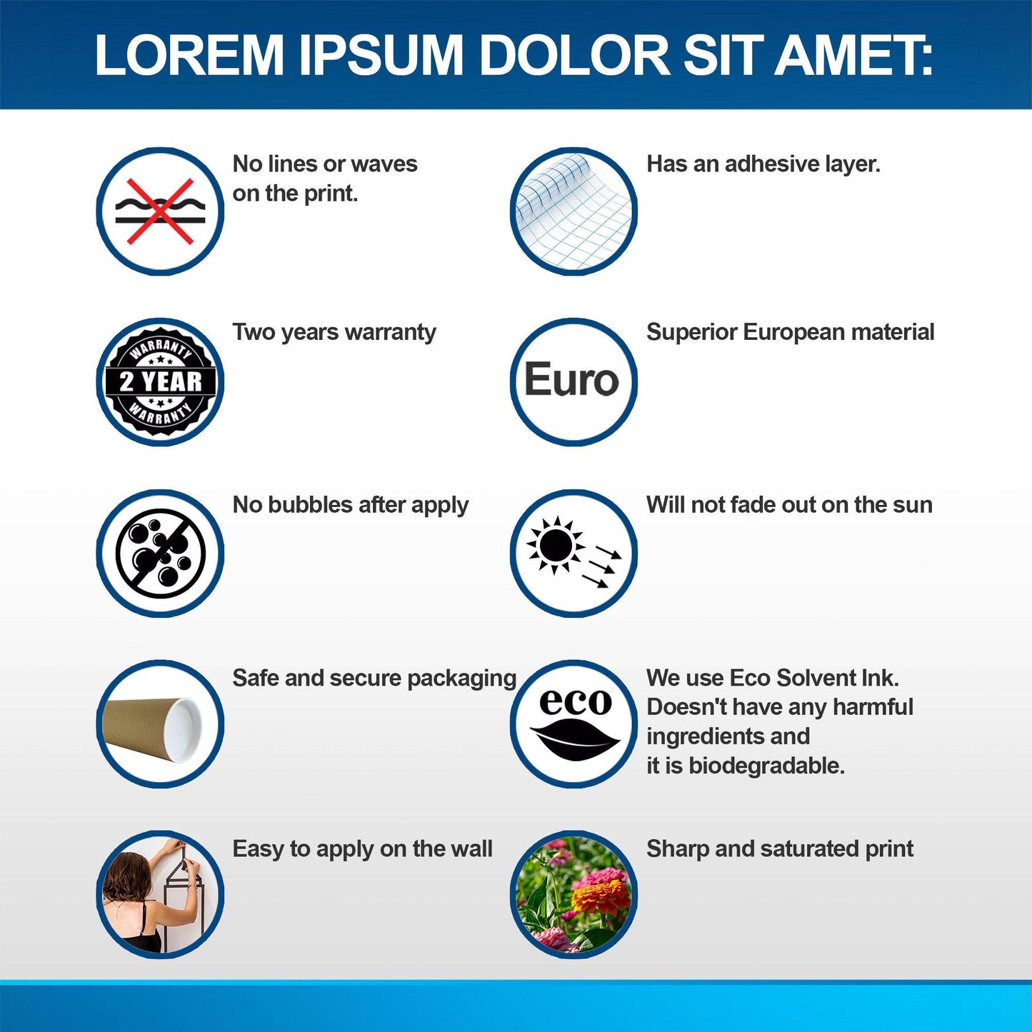 Info graphic of wallpaper features: adhesive layer, two-year warranty, eco-friendly, easy application, vibrant colors.