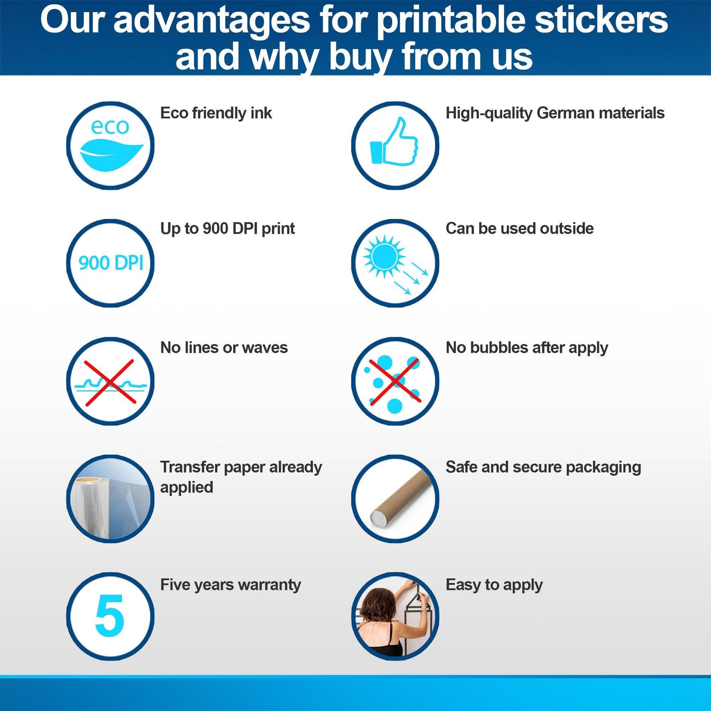 Advantages of our printable stickers: eco-friendly, high-quality, no bubbles, easy to apply, and five years warranty.