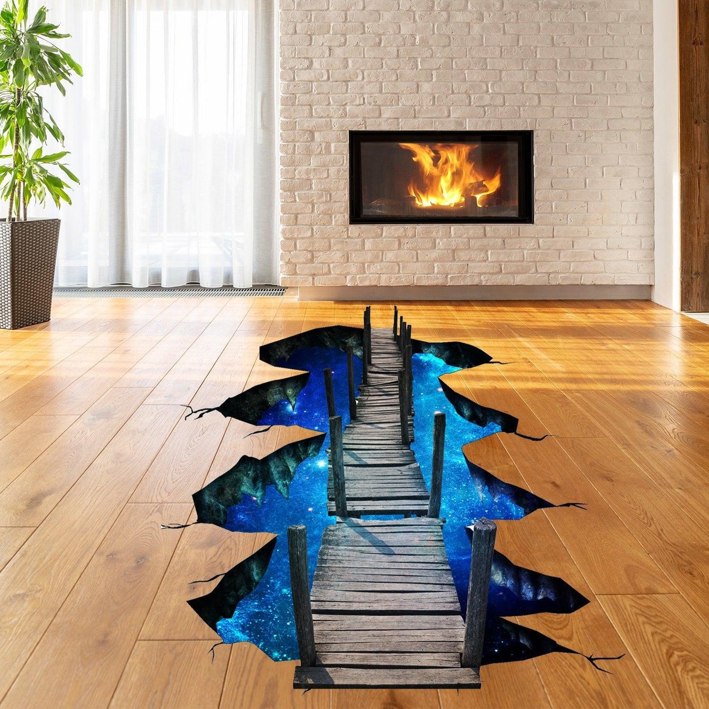 3D floor space portal decal with wooden bridge over galaxy design, creating a mesmerizing illusion in living room.