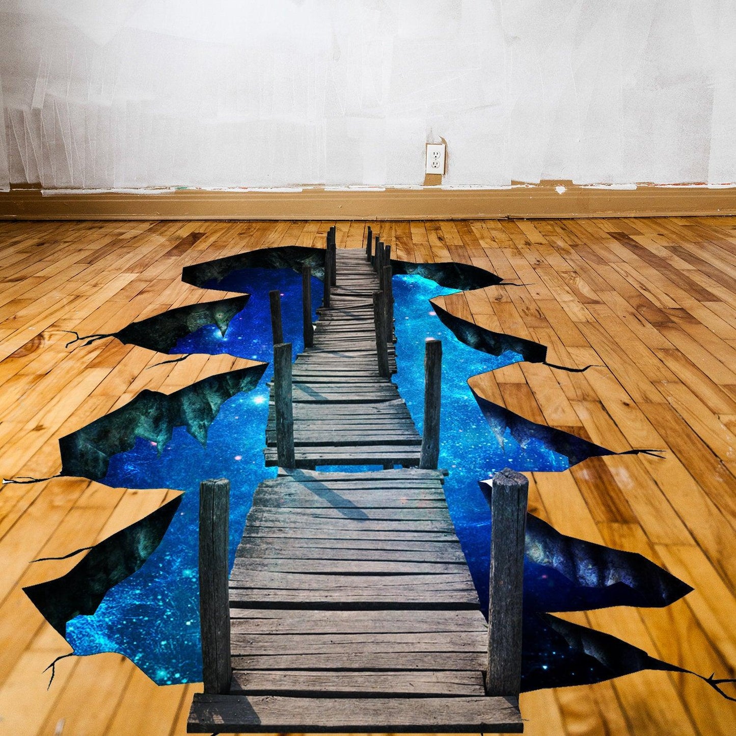 3D floor portal decal featuring a wooden dock leading into a galaxy art design, perfect for kids and teens.