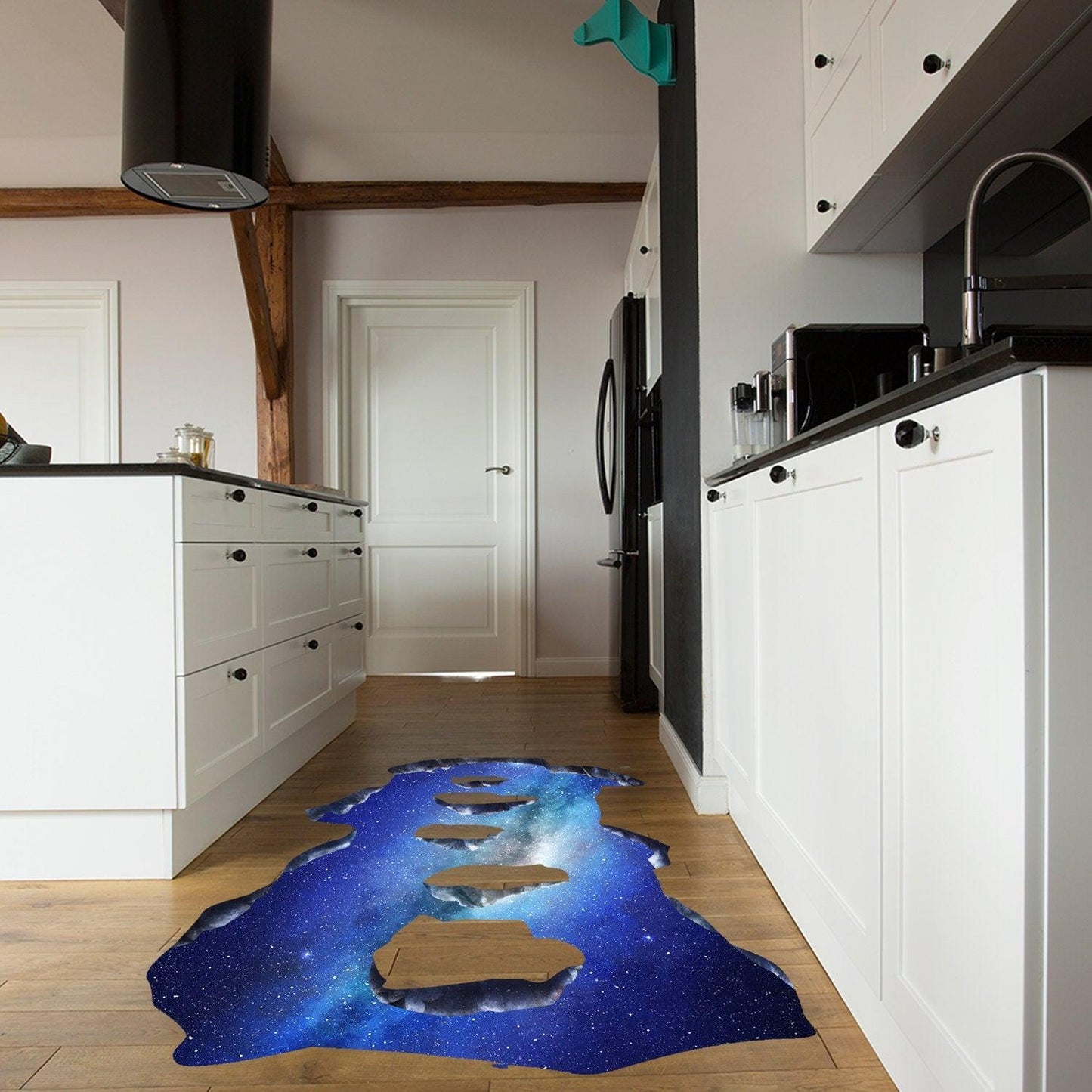 3D galaxy art floor decal in a kitchen, creating a space portal illusion for kids and teens.
