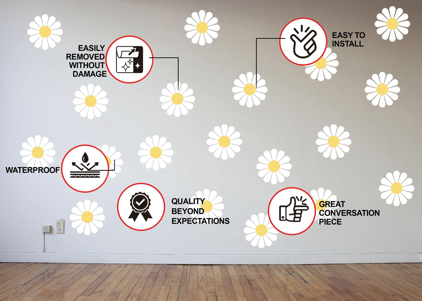 Wall adorned with elegant white daisy flower decals, showcasing easy installation and removable features.