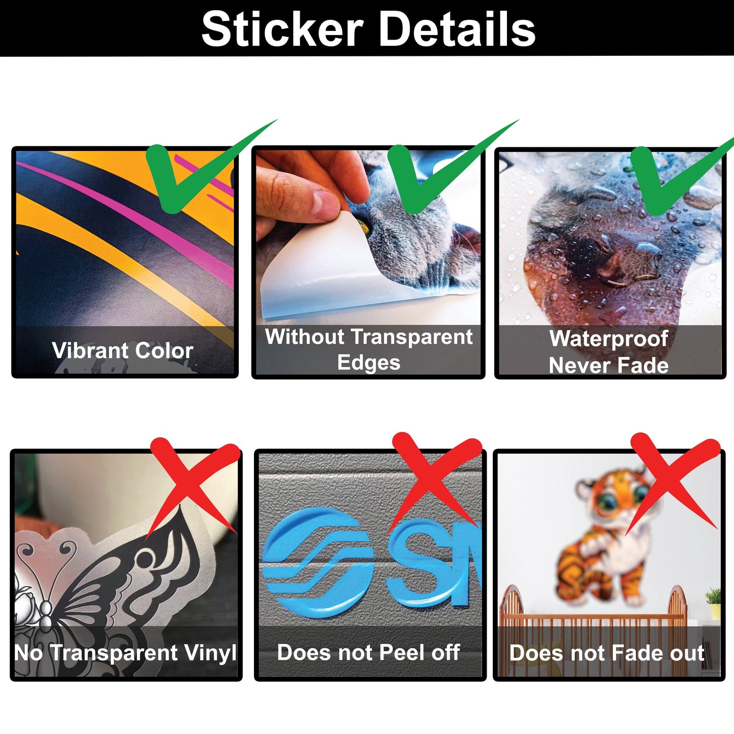 Sticker details showcasing vibrant color, waterproof features, and quality indicators for wall decals.