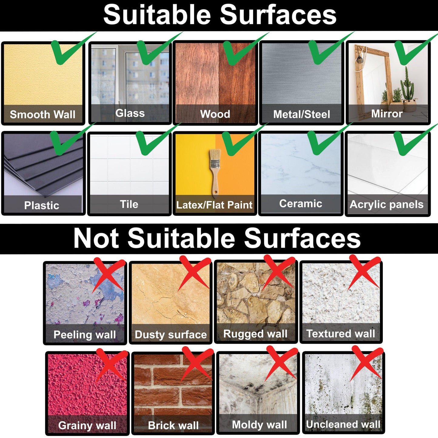 Infographic showing suitable and not suitable surfaces for wall decals application.