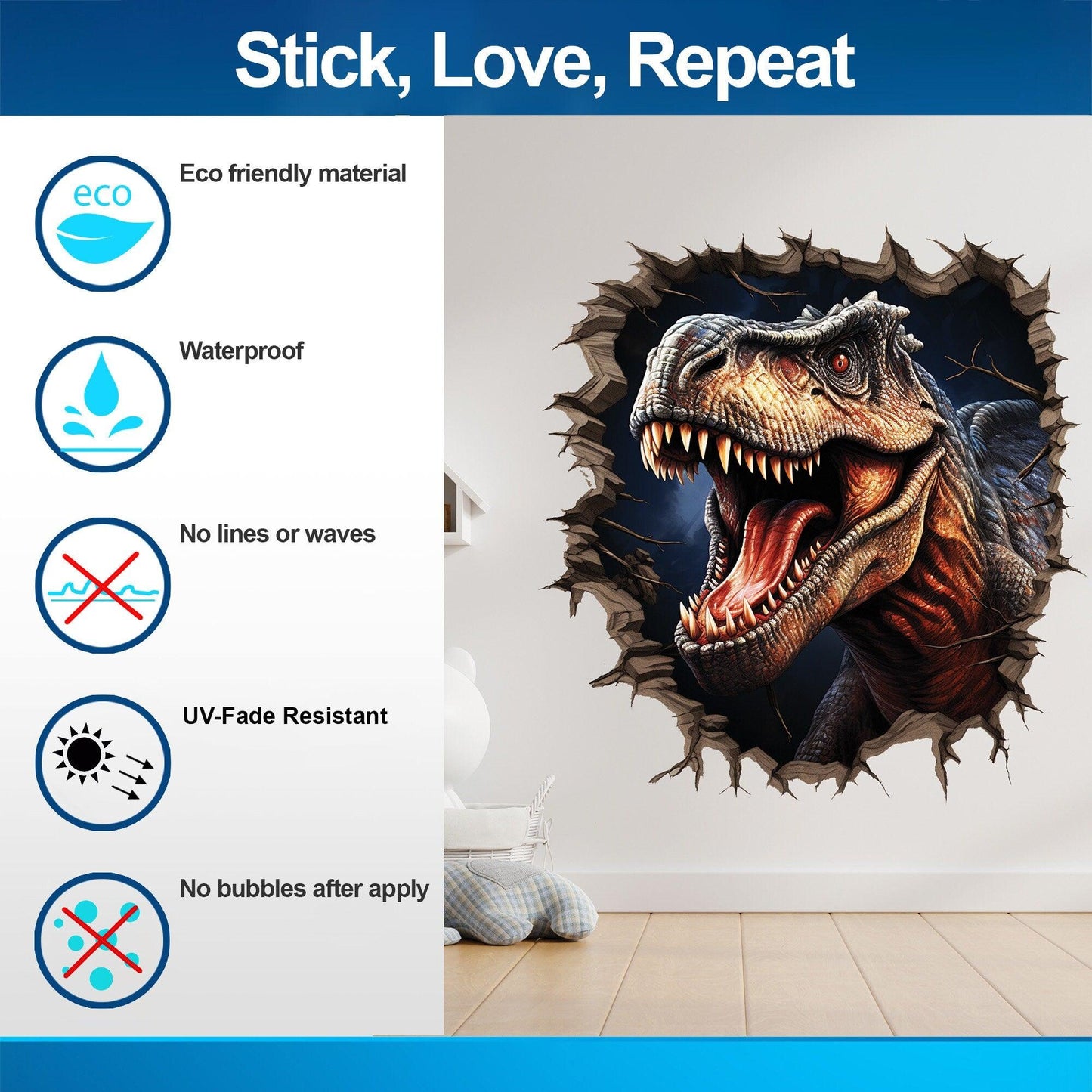 3D dinosaur wall decal with eco-friendly features, waterproof and UV-fade resistant, perfect for home decor.