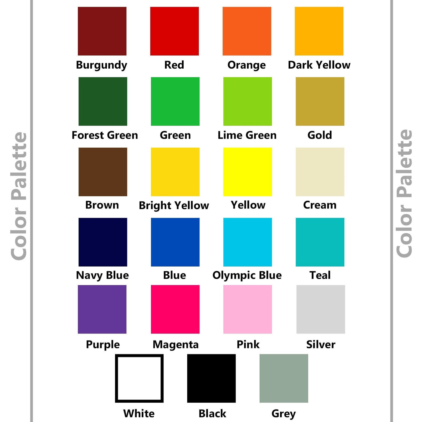 Color palette featuring 25 vibrant shades for design choices, including red, blue, yellow, and green.