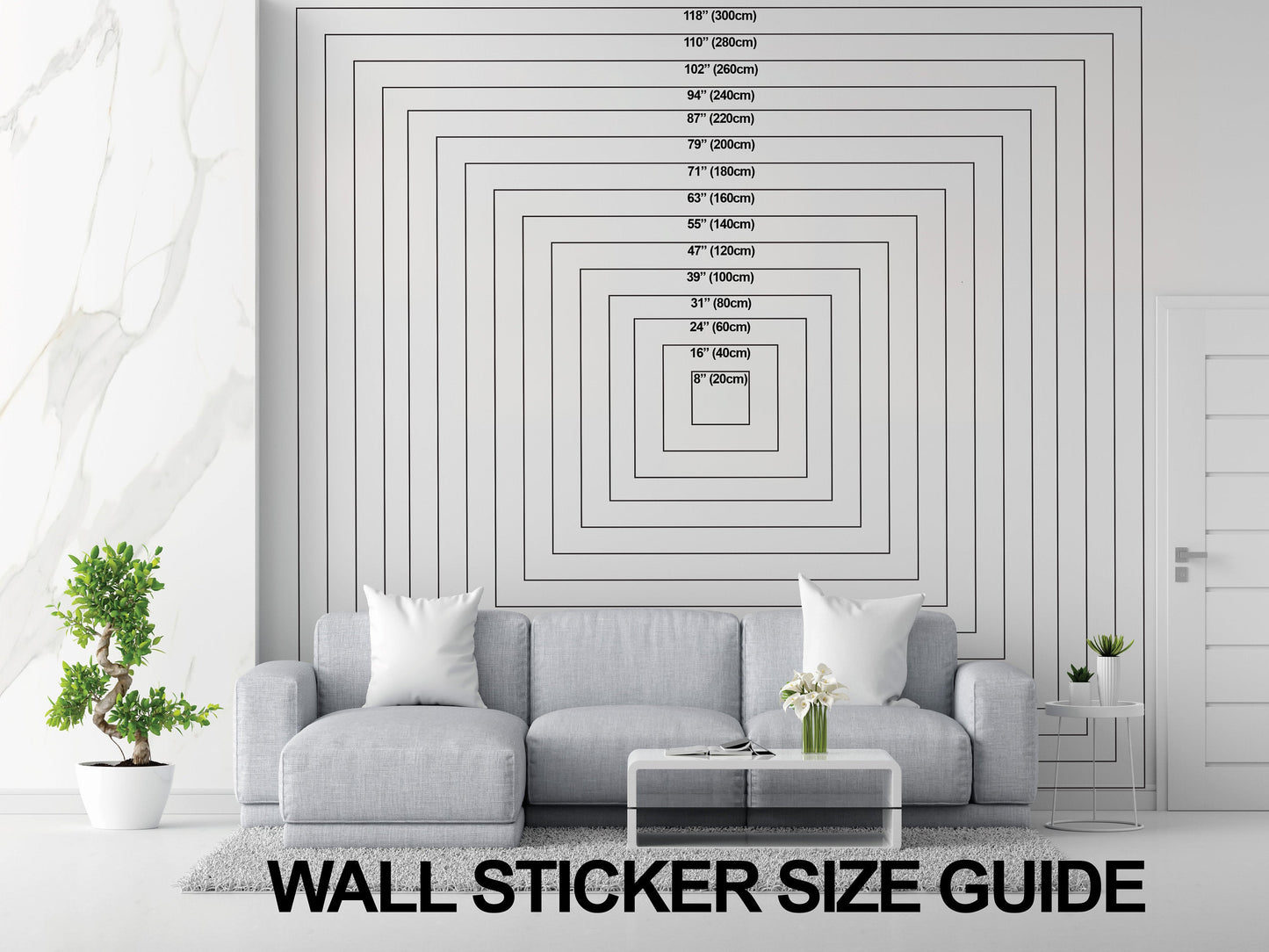 Wall sticker size guide displayed on a wall above a cozy living room setup with a gray sofa and indoor plants.