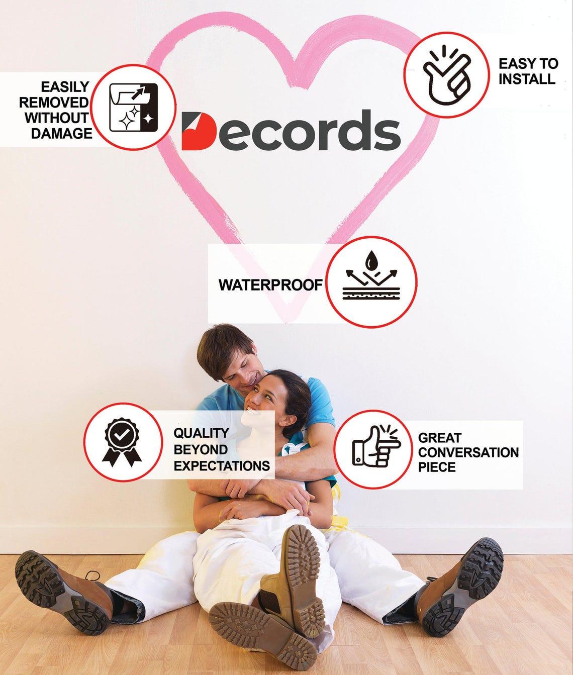 Couple enjoying a wall decal with features like waterproof, easy to install, and easily removable without damage.