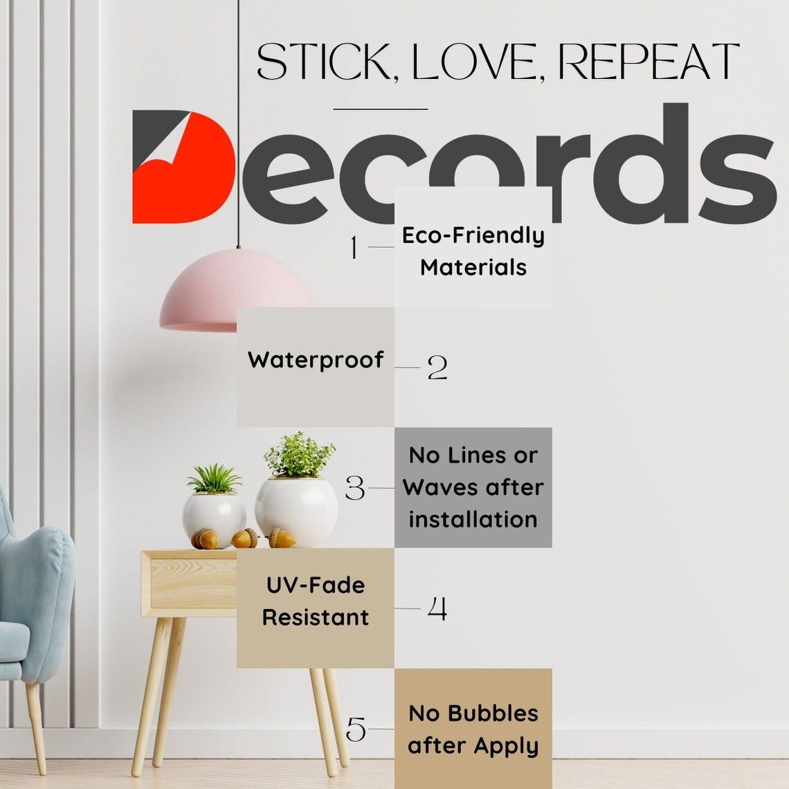 Eco-friendly wall decal features including waterproof, no bubbles, and UV-fade resistant in stylish home setting.