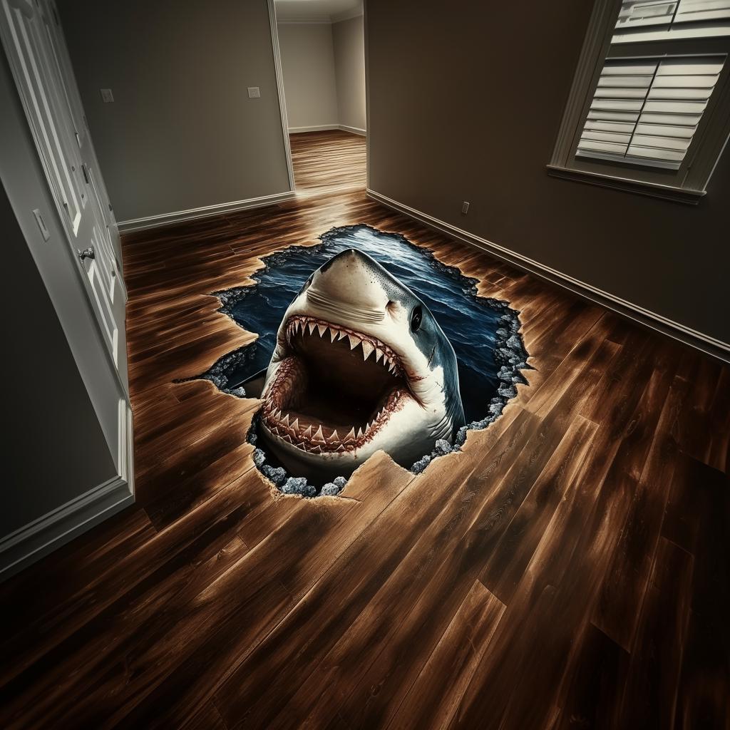 3D shark floor sticker featuring a realistic Great White shark breaking through a wooden floor, creating a stunning visual effect.