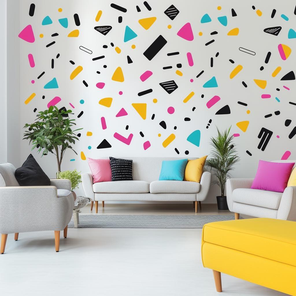 Colorful Memphis pattern wall decals in a modern living room with yellow furniture and green plants.