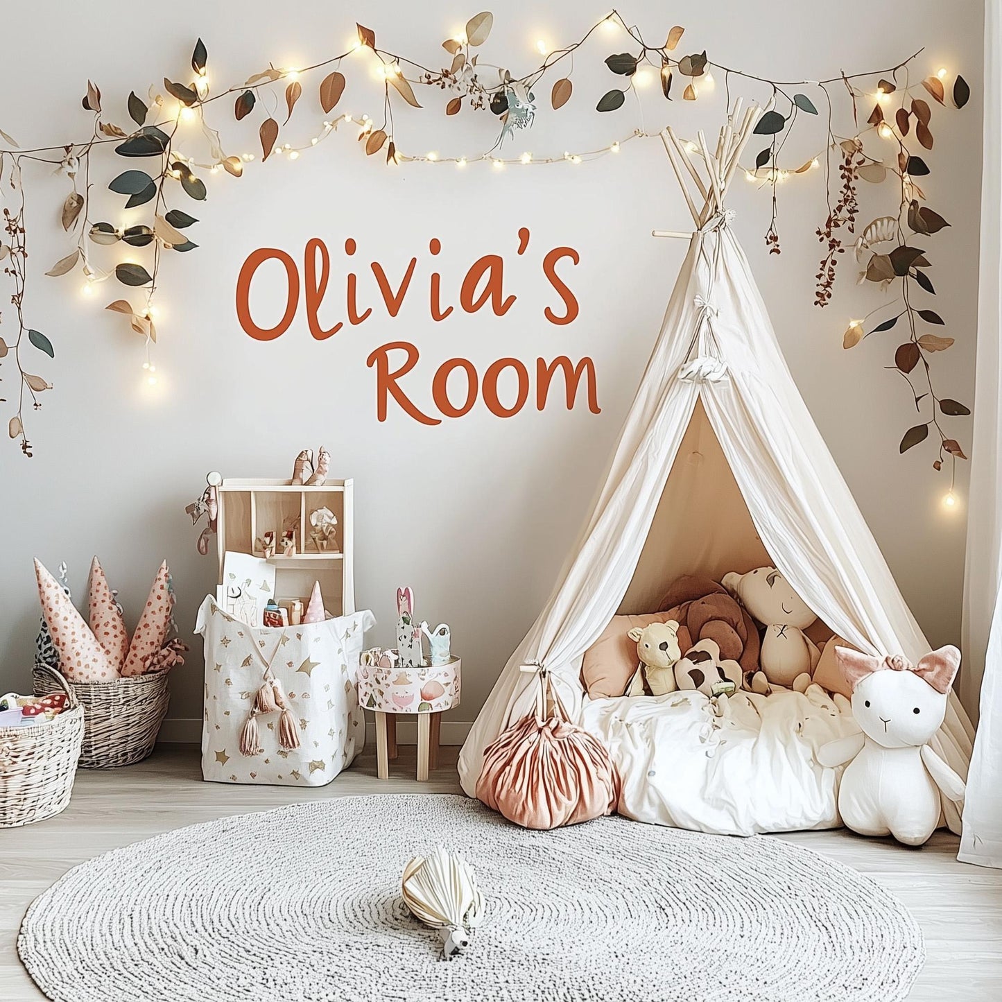 Personalized wall decal reading 'Olivia's Room' in a cozy kids' playroom with a teepee and soft toys.