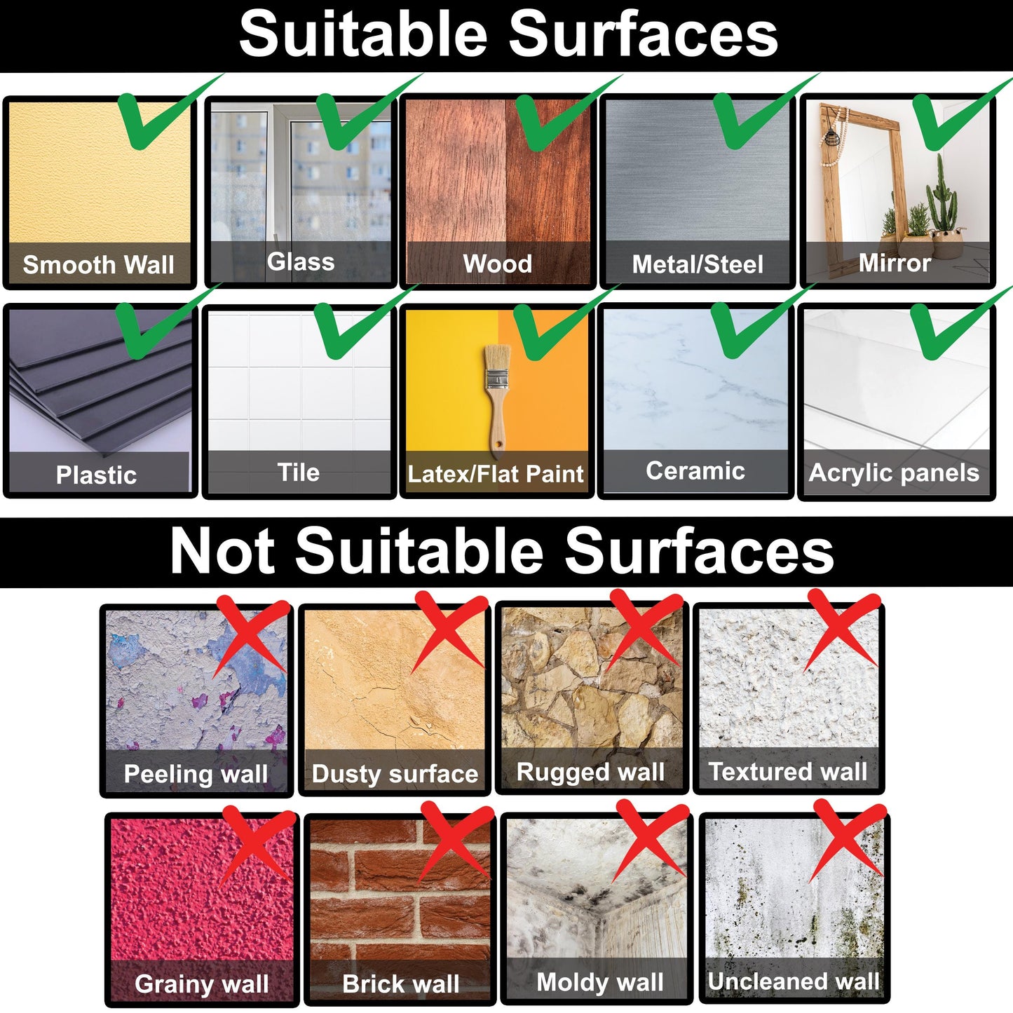 Image showing suitable and unsuitable surfaces for wall decals, highlighting ideal materials for application.