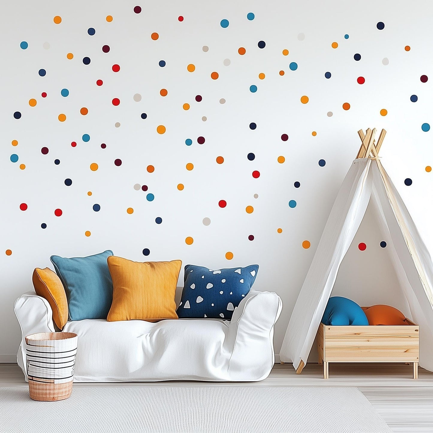 Colorful polka dot wall decals in a playful kids room with a cozy white sofa and a teepee tent.