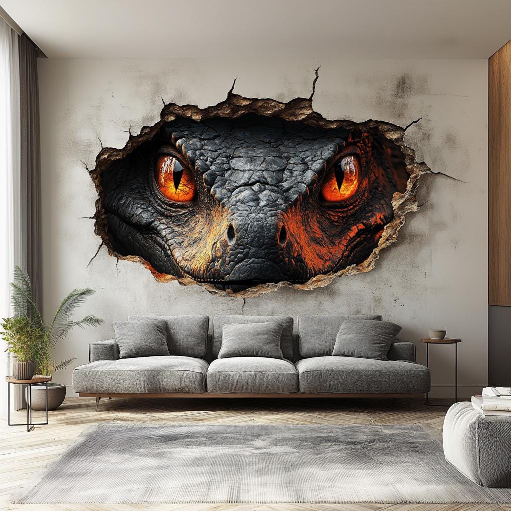 3D Fiery Dragon Wall Mural with intense dragon eyes peeking through a cracked wall design in a modern living room.