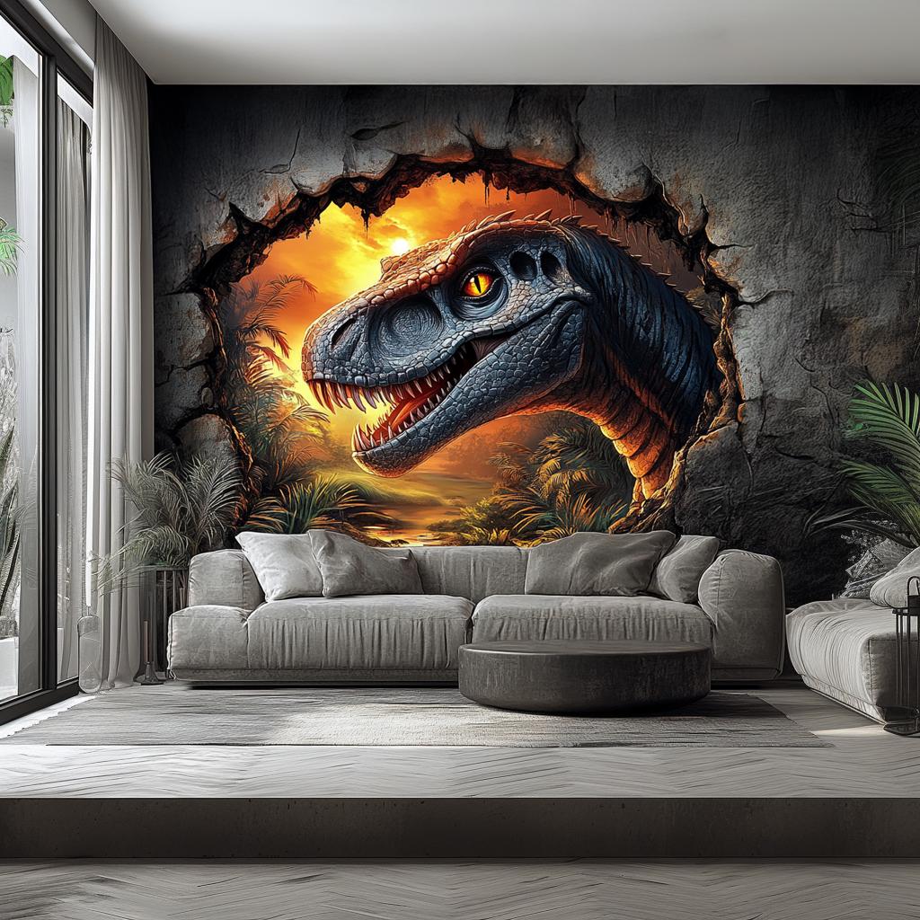 3D dinosaur wall mural featuring a raptor emerging through a cracked wall with a sunset background, perfect for kids' decor.