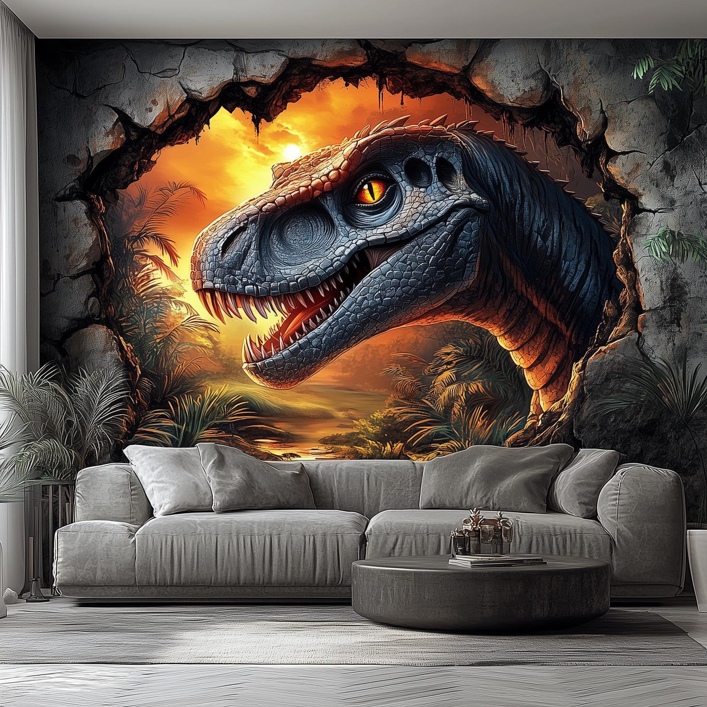 3D dinosaur wall mural featuring a raptor breaking through a cracked wall with a sunset backdrop in a modern living room.
