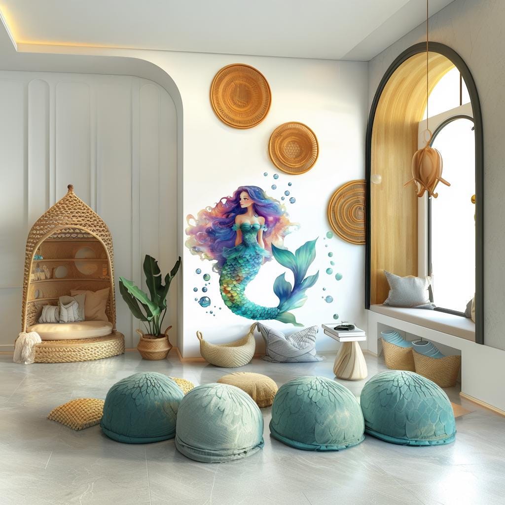 Colorful mermaid wall decal in a modern kids room, featuring vibrant ocean colors and playful decor accents.