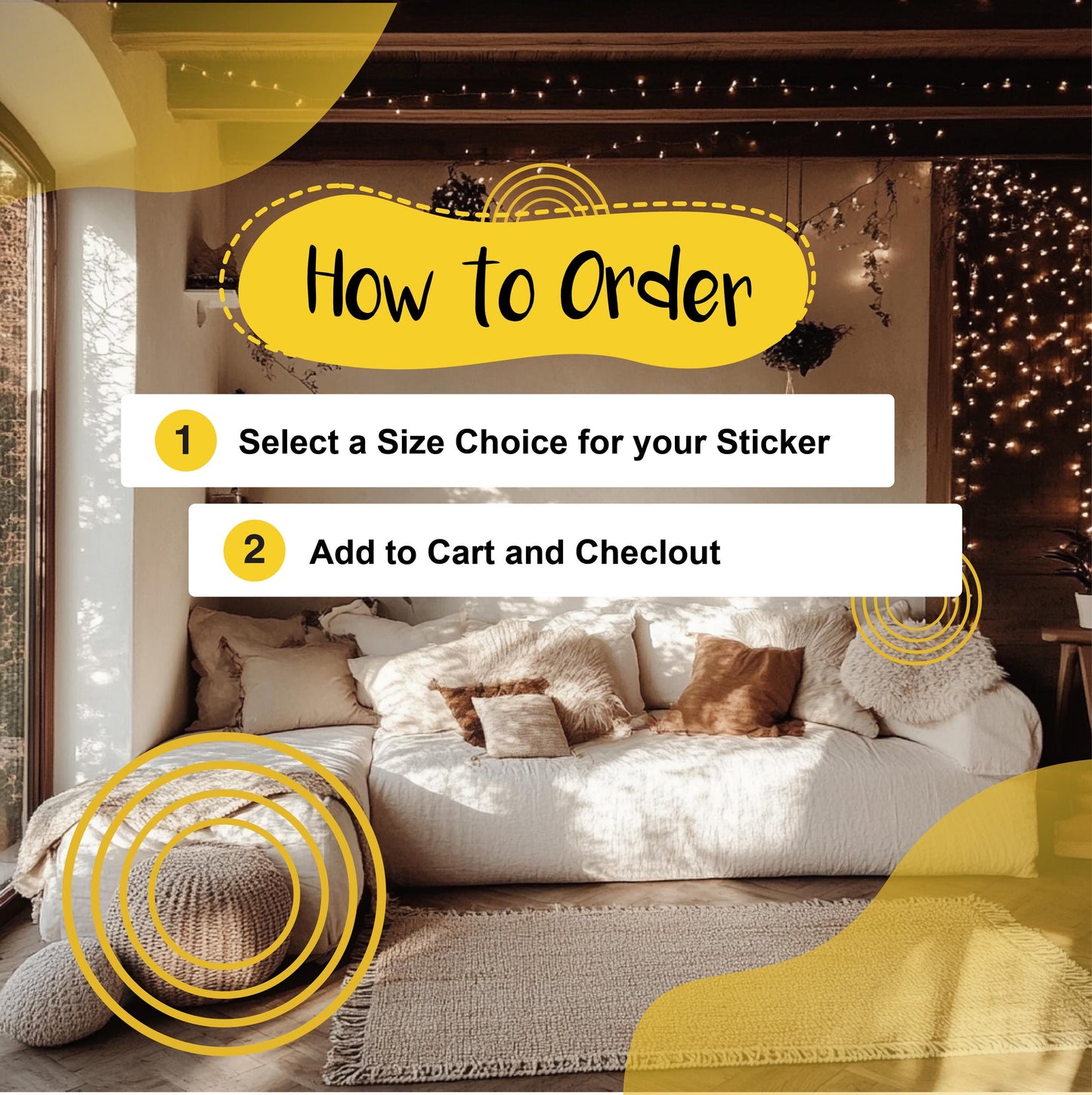 How to order a wall sticker: select size and add to cart for easy checkout.