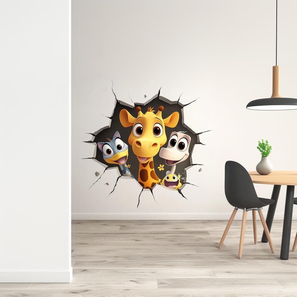 3D cartoon animal wall decal featuring a giraffe, bird, and monkey peeking through a wall in a playful kids' room.