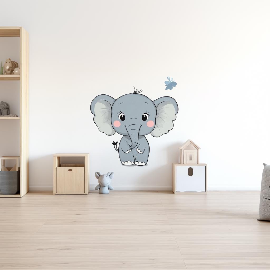 Cute elephant wall decal sticker in a nursery with a butterfly accent, perfect for kids' room decor.