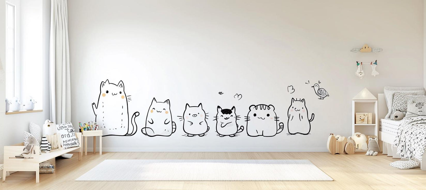 Cute cat wall decal set featuring six quirky cartoon cats in a playful kids' room decor.
