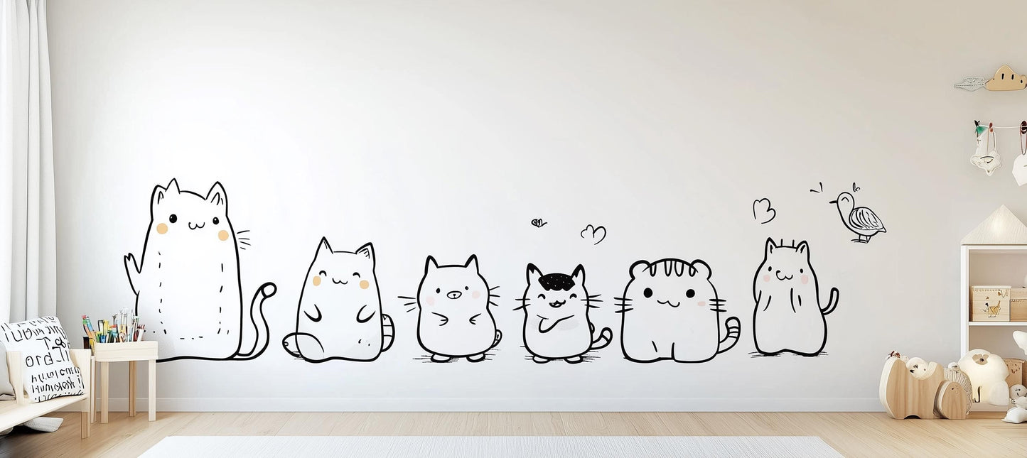 Cute cat wall decal set featuring six quirky cartoon cats for kids' room or nursery decor.