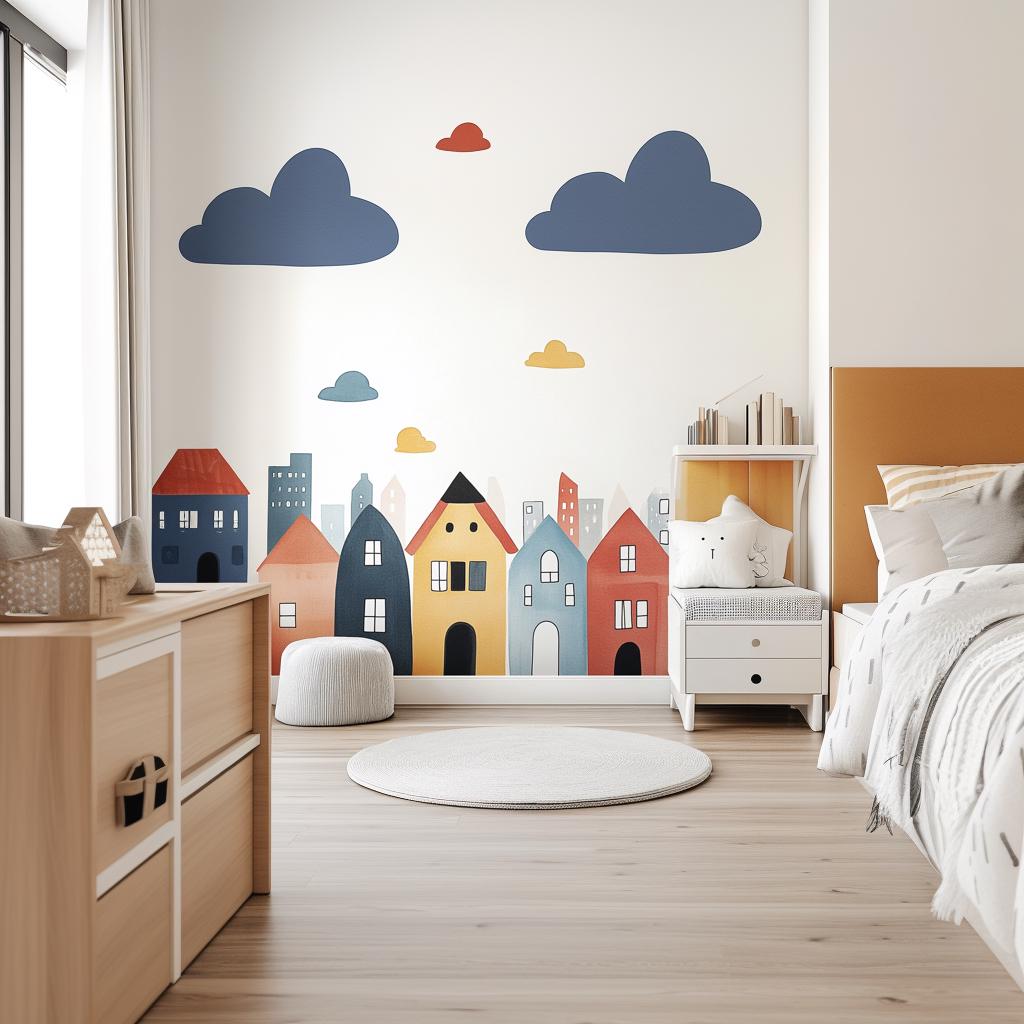 Colorful town wall decal featuring whimsical houses and clouds in a bright kids' room decor.