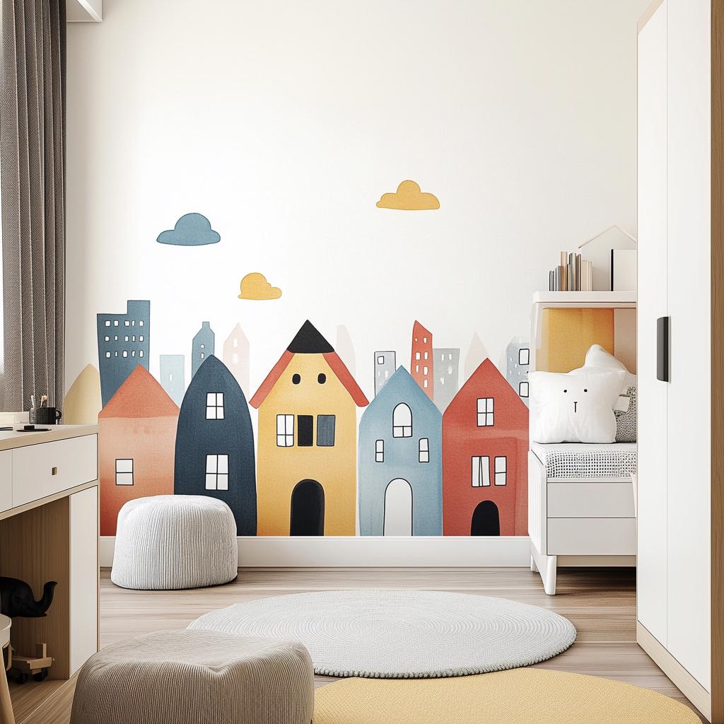 Colorful town wall decal in a child's room, featuring whimsical houses and soft clouds, perfect for nursery decor.
