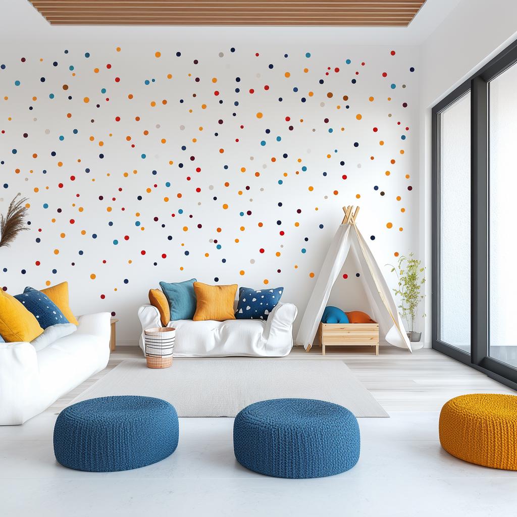 Colorful polka dot wall decals on a white wall in a bright kids' room with playful decor and seating.