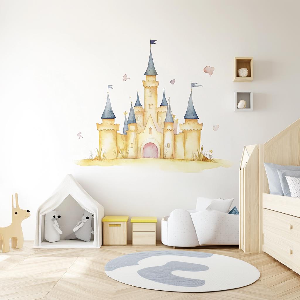 Whimsical fairy tale castle wall sticker in soft pastel tones for kids' room decor.