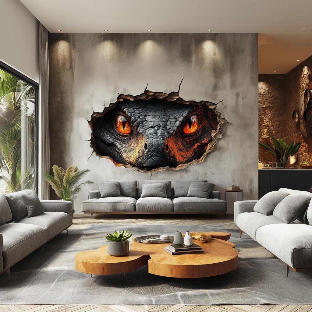 3D Fiery Dragon Wall Mural with intense eyes in a cracked wall design, perfect for fantasy-themed decor in living spaces.