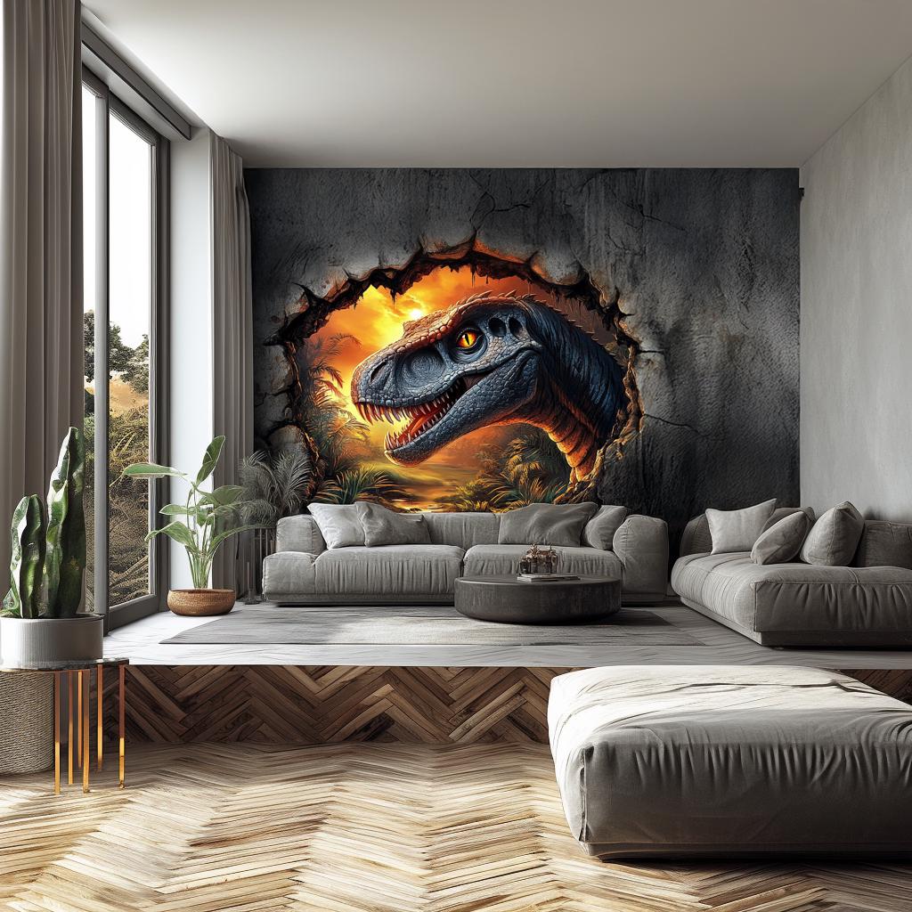 3D Dinosaur wall mural featuring a raptor breaking through a cracked wall with a sunset backdrop in a modern living room.