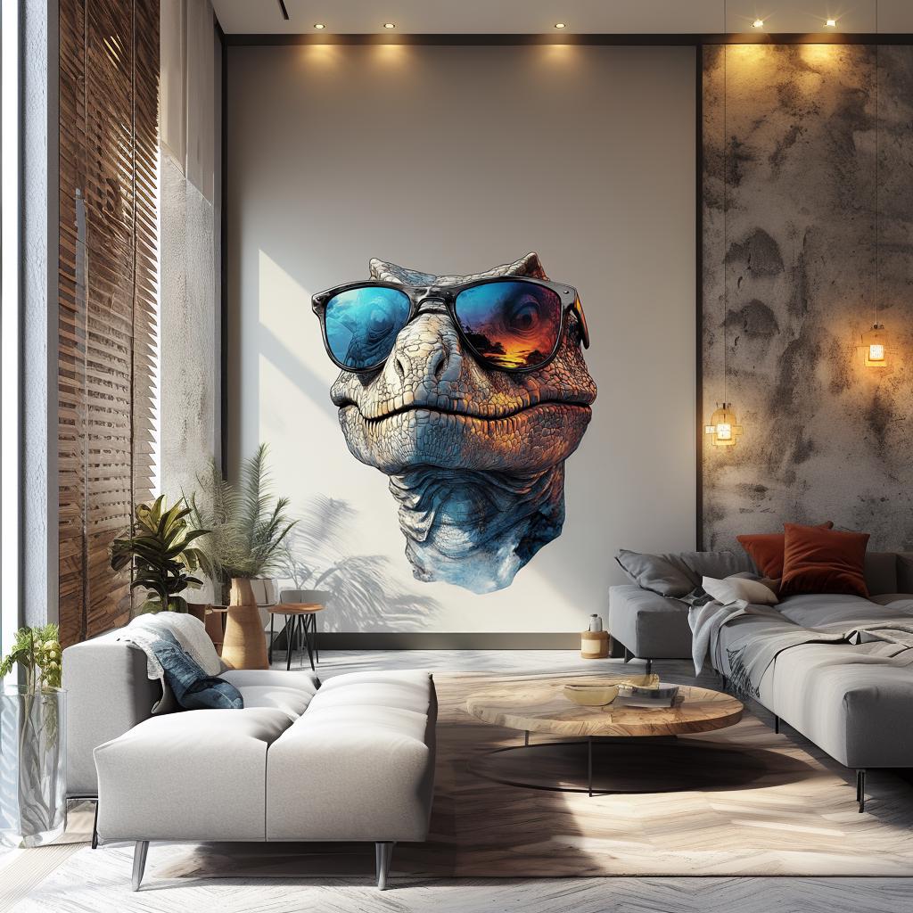 Cool dinosaur wall decal featuring a 3D raptor wearing sunglasses in a stylish living room.