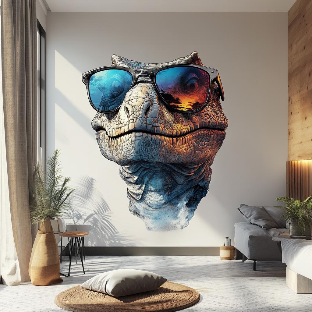 3D raptor wall decal with sunglasses, perfect for kids' rooms and modern decor.