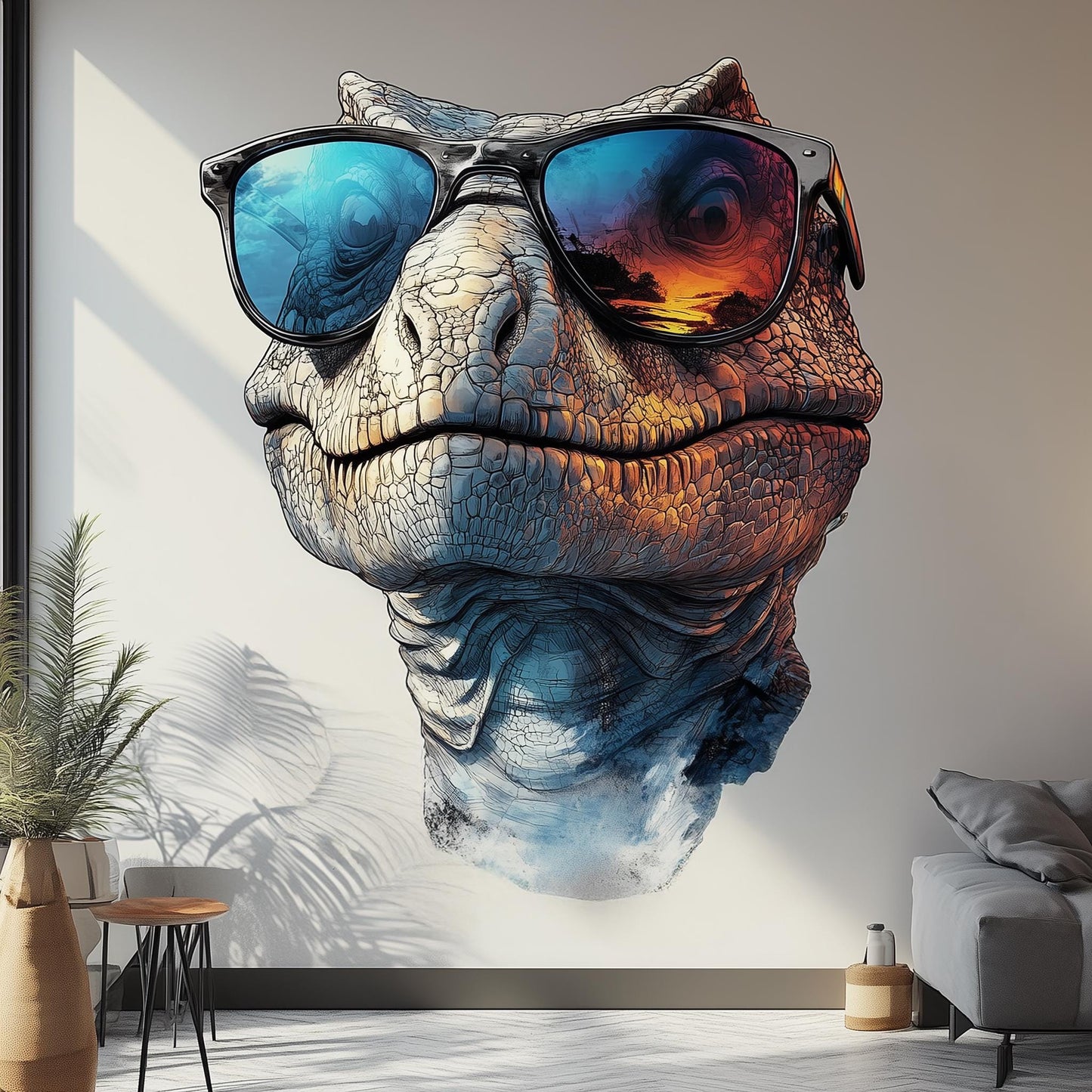 3D dinosaur wall decal featuring a raptor with sunglasses in a modern living room.