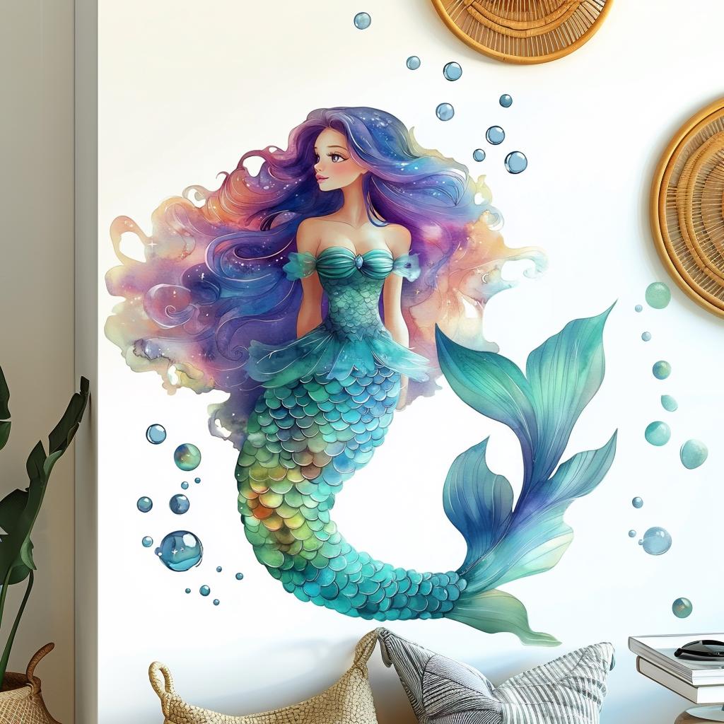 Colorful mermaid wall decal with vibrant hair, shimmering scales and ocean bubbles, perfect for girls' room decor.
