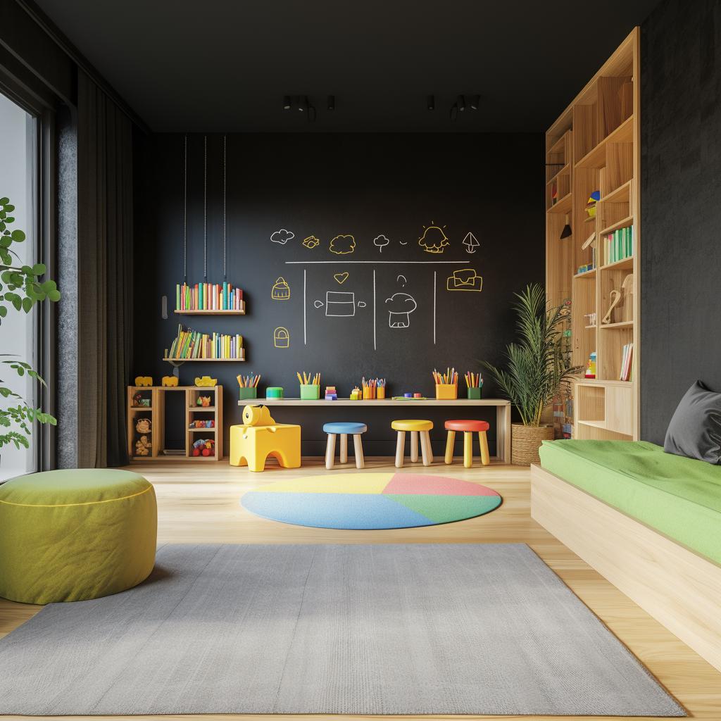Colorful kids playroom with chalkboard wall, bright furniture, and playful decor for learning and creativity.