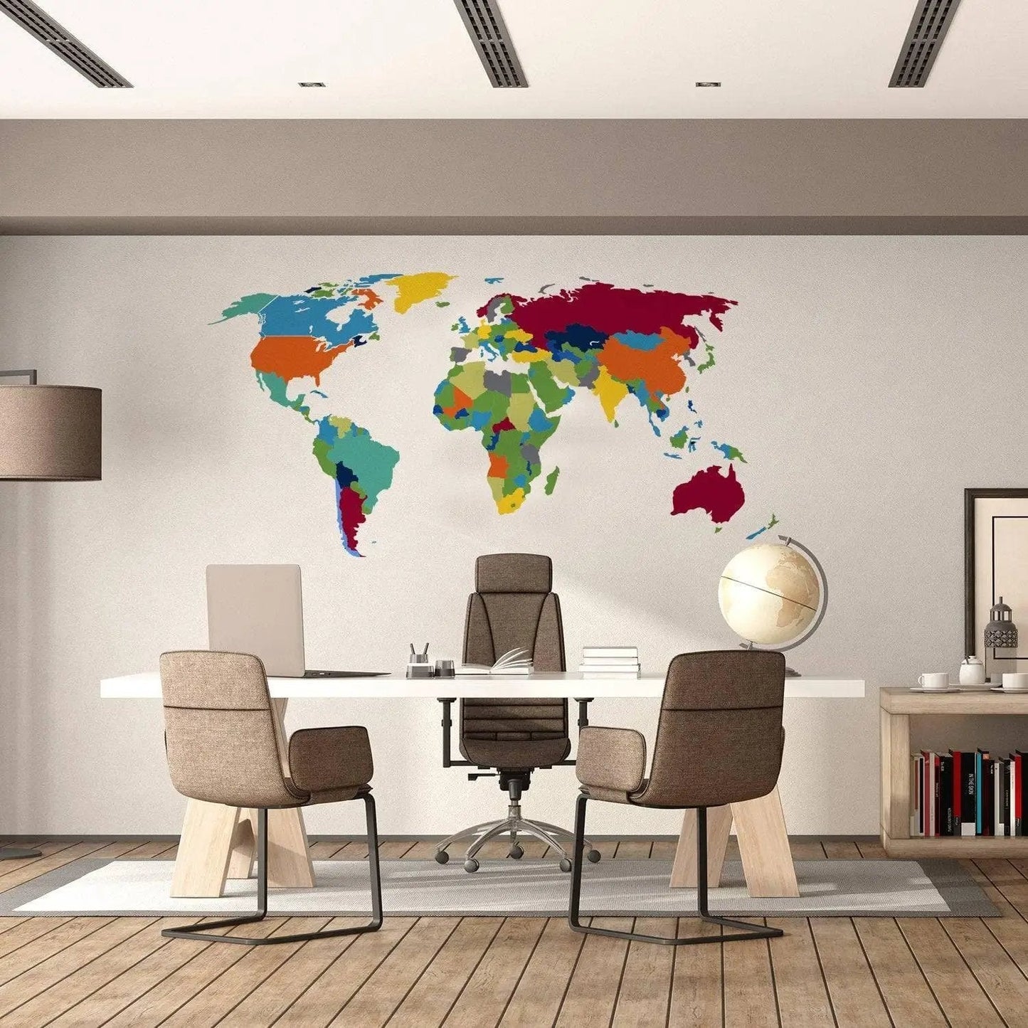 Colorful world map wall sticker in a modern office, adding a touch of geography and adventure.