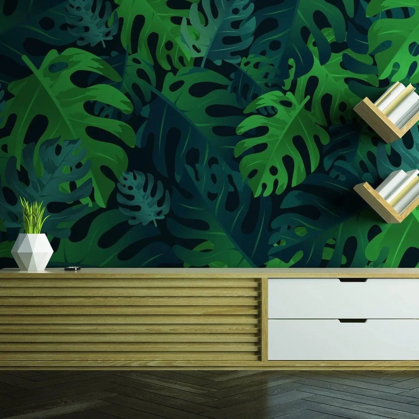Tropical paradise peel and stick wallpaper featuring vibrant green leaves, enhancing modern home decor.