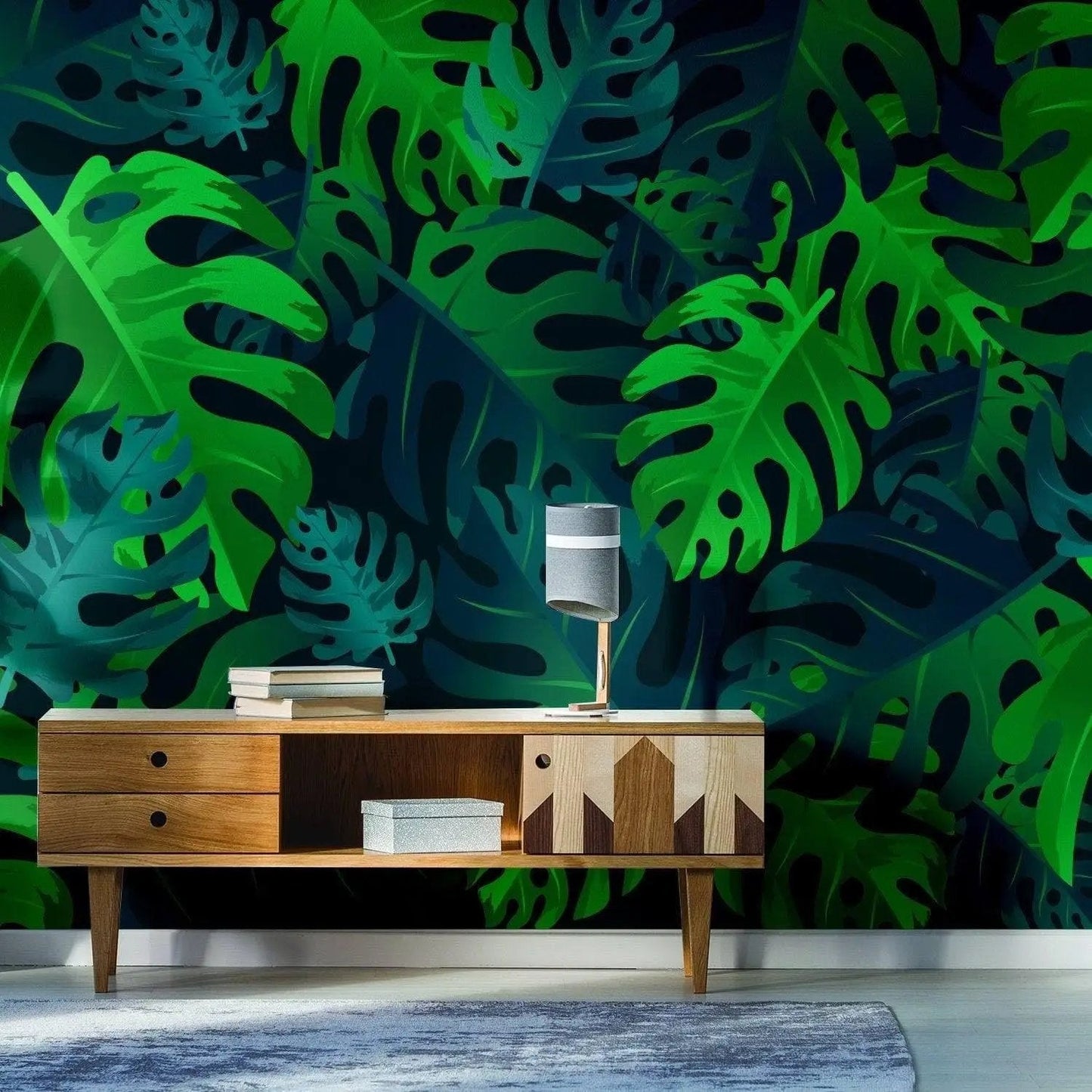 Tropical paradise peel and stick wallpaper featuring vibrant green leaves, enhancing home décor with ease.
