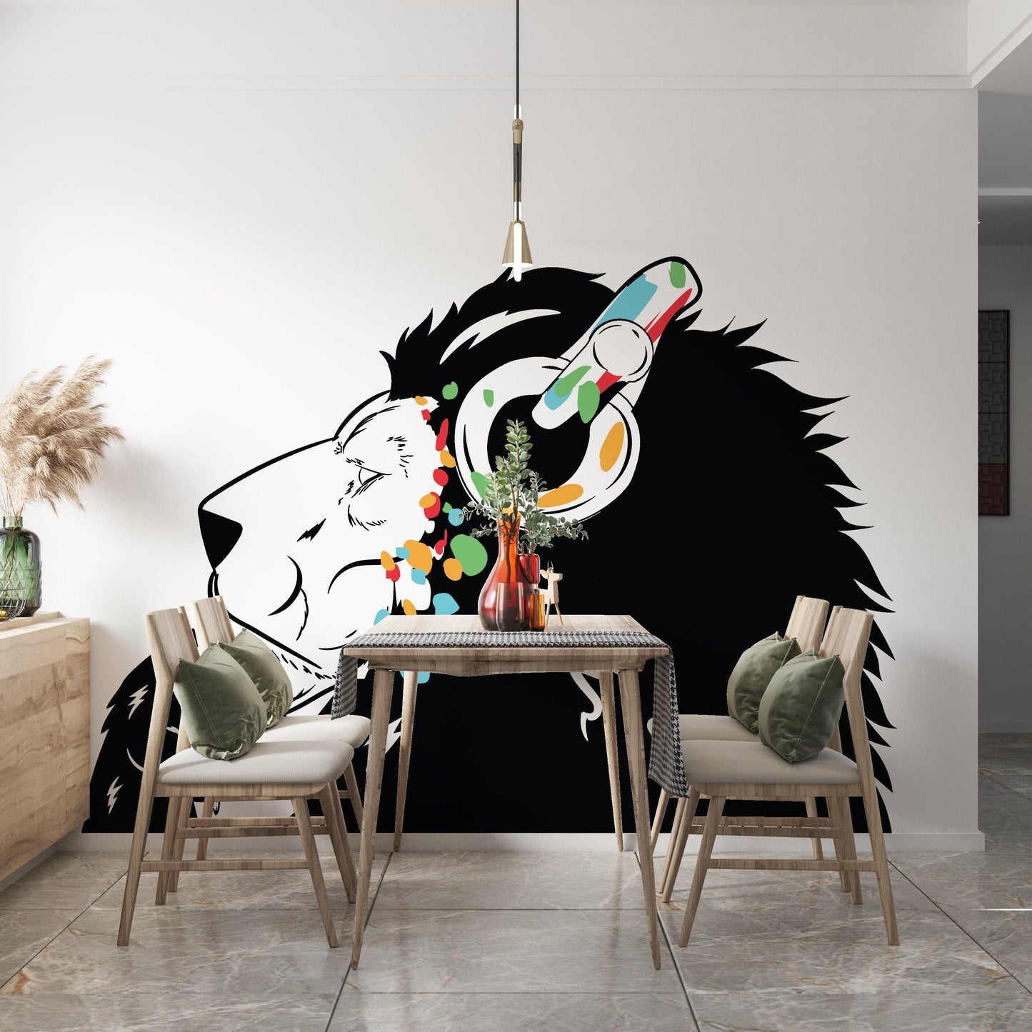 Contemporary lion DJ wall decal featuring colorful headphones and artistic design in modern dining space.