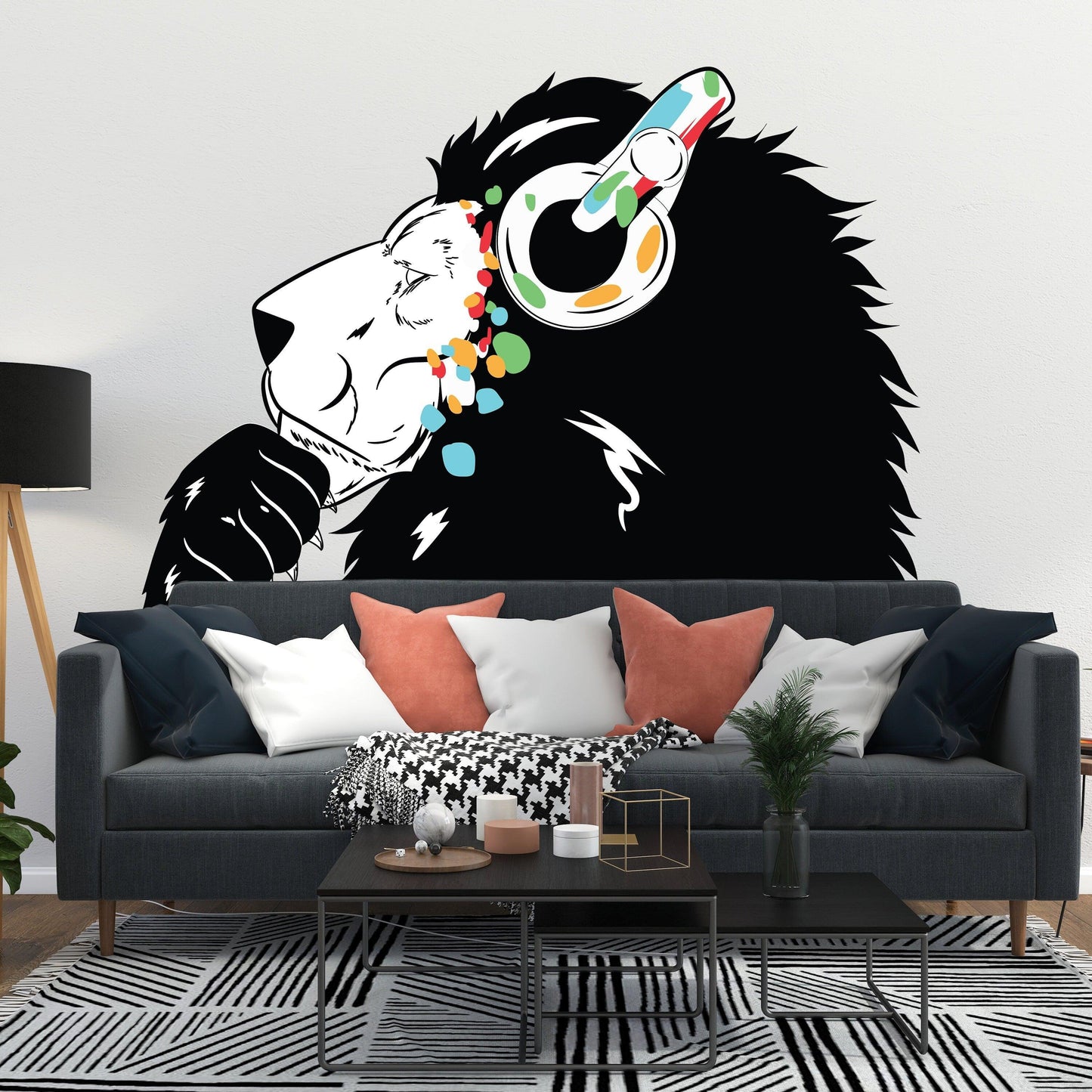 Contemporary lion DJ wall decal featuring colorful headphones, adding artistic flair to modern living space.