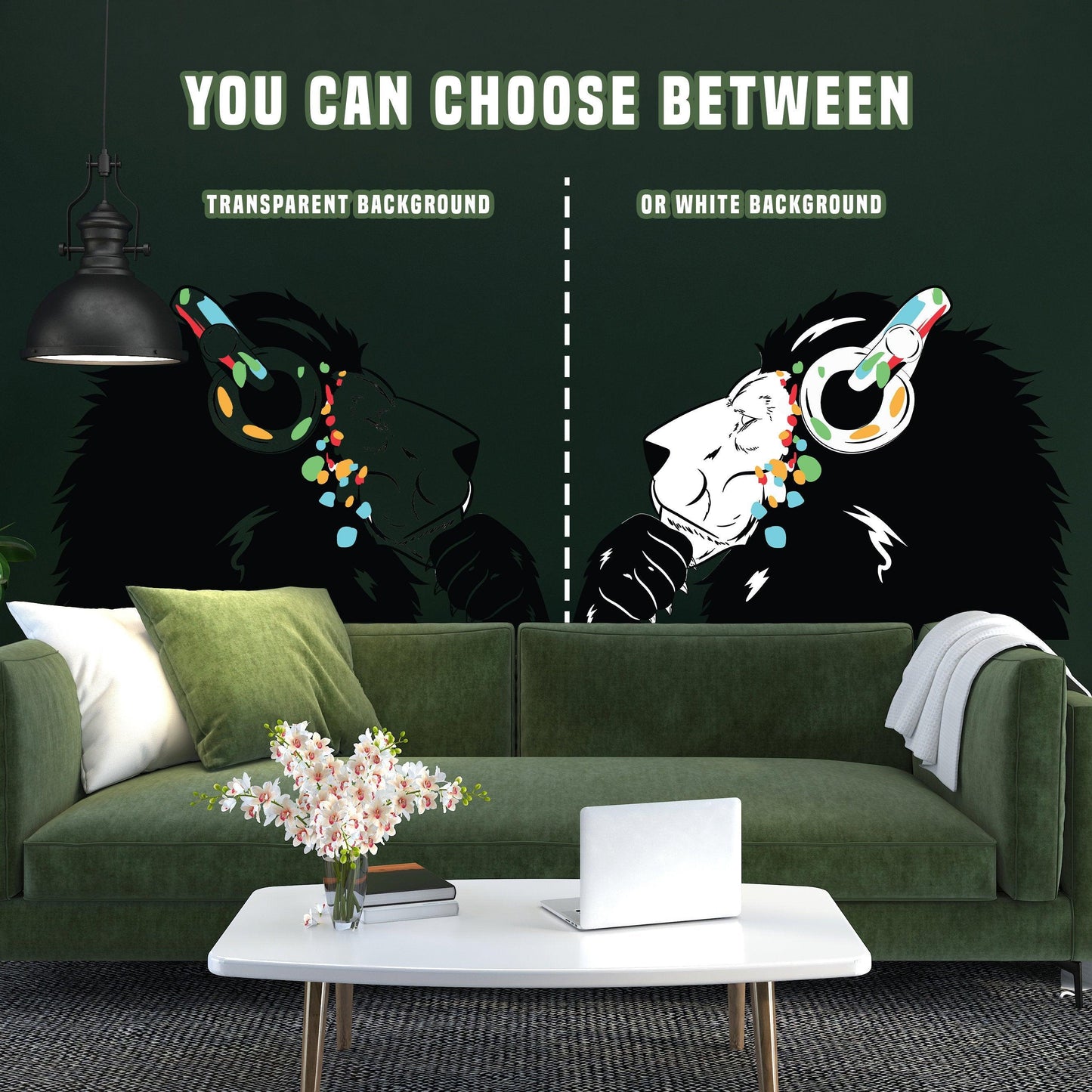 Contemporary lion DJ wall decal design options with transparent and white backgrounds in a modern living space.