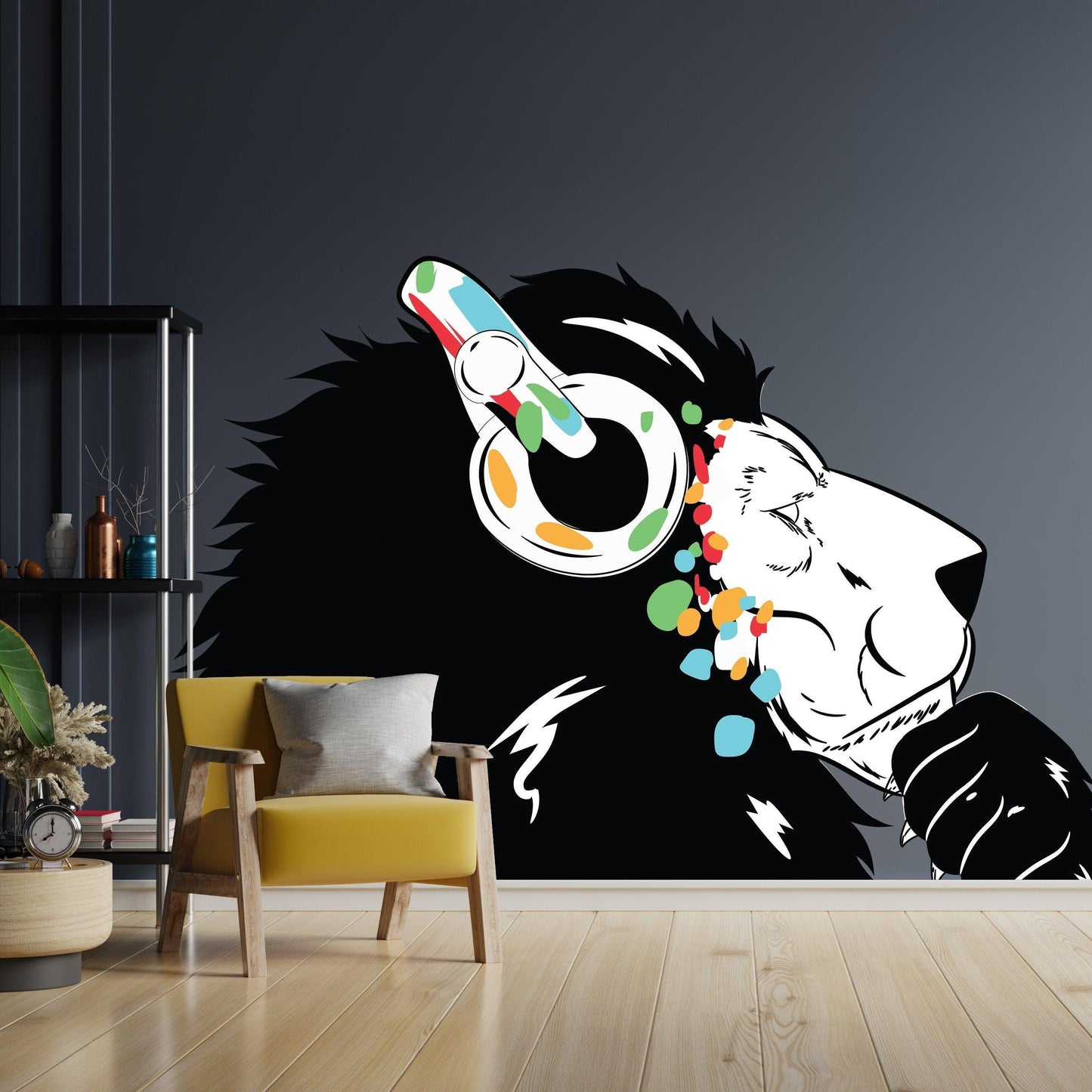 Artistic lion head wall decal with headphones in modern living room, vibrant DJ design on dark wall.